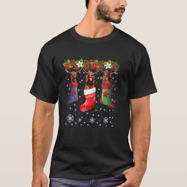 Three Irish Setter Dog In Sock Christmas Santa Hat T-Shirt (Front)