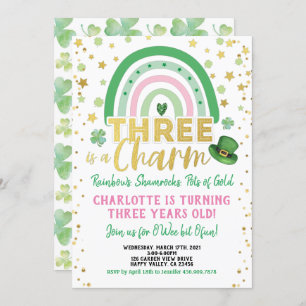 Three Is A Charm 3rd Birthday St Patrick's Day Inv Invitation