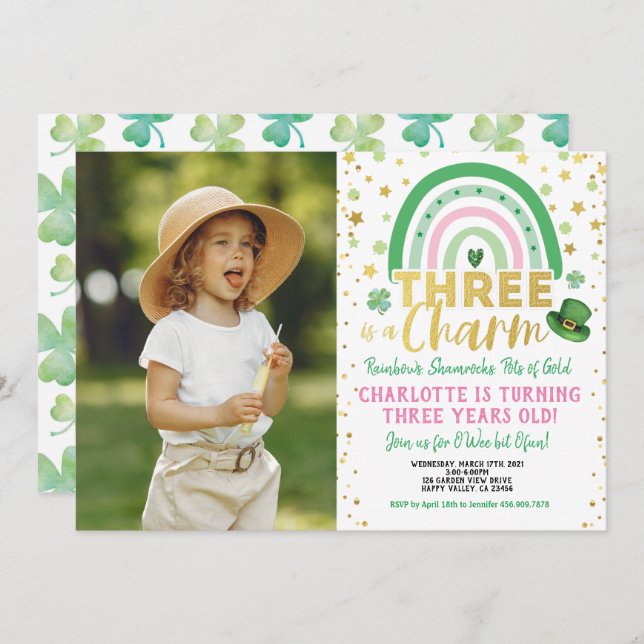 Three Is A Charm 3rd Birthday St Patrick's Photo I Invitation (Front/Back)