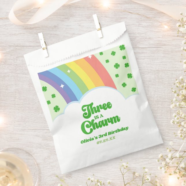Three Is A Charm Rainbow 3rd Birthday Party Favour Bag (Clipped)