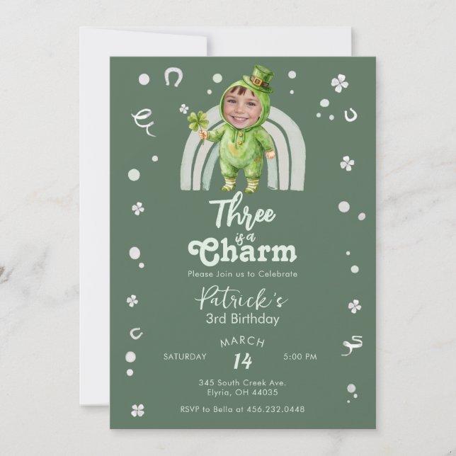 Three Is A Charm Shamrock Any Age Birthday Photo Invitation (Front)