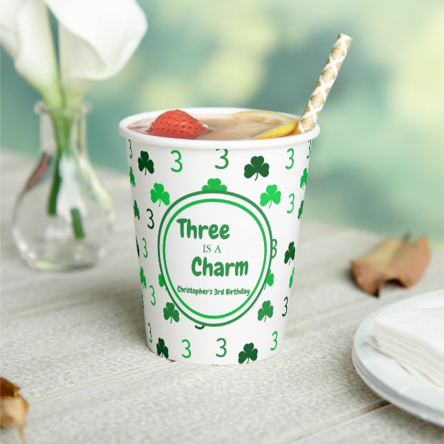 Three Is A Charm St Patrick's Day 3rd Birthday Paper Cups (Insitu)