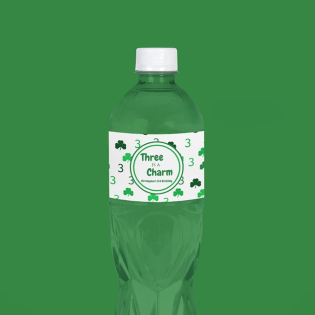 Three Is A Charm St Patrick's Day 3rd Birthday Water Bottle Label (Creator Uploaded)