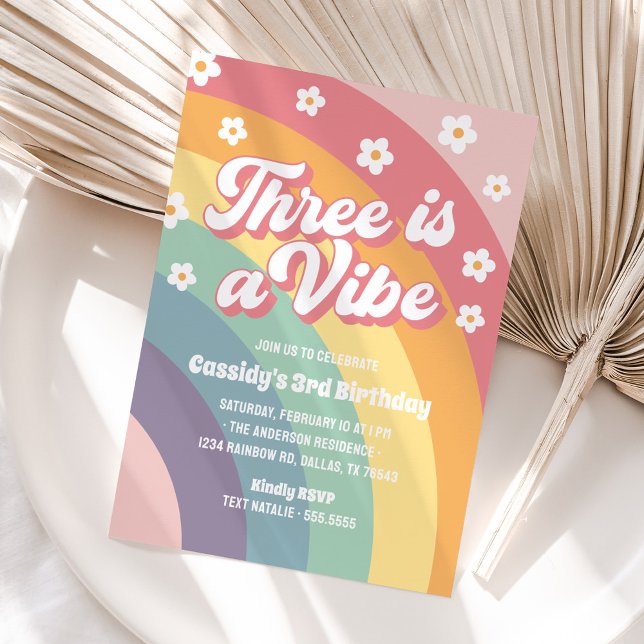 Three is a Vibe 70s Rainbow Daisy 3rd Birthday Invitation (Creator Uploaded)