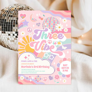 Three Is A Vibe Cloud Rainbow Sun 3rd Birthday  Invitation