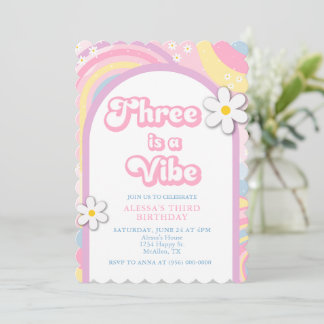 Three is a Vibe Groovy, Retro Girl Pastel Colours Invitation