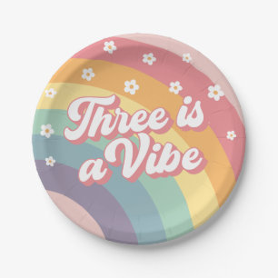 Three is a Vibe Retro 70s Rainbow Daisy Birthday Paper Plate