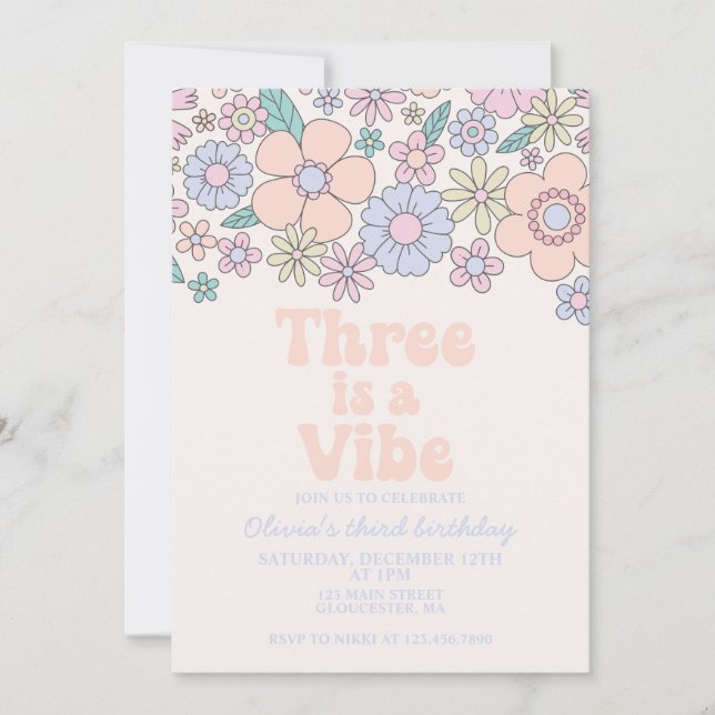 Three is a Vibe Retro Floral 3rd birthday Invitation (Front)