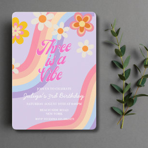 Three is a vibe Retro Rainbow 3rd Birthday  Invitation