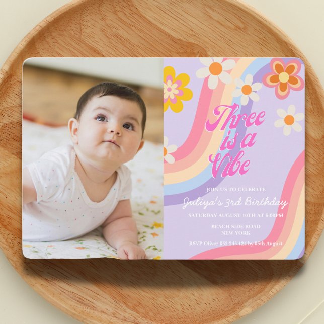 Three is a vibe Retro Rainbow baby photo Invitation (Creator Uploaded)