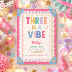 Three Is A Vibe Whimsical Girl 3rd Birthday Party Invitation