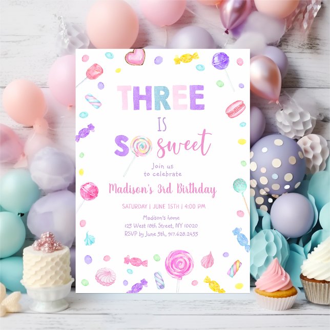 Three is So Sweet Candy Lollipop Birthday Invitation (Creator Uploaded)