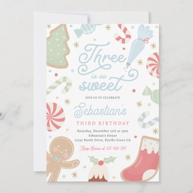 Three Is So Sweet Christmas Cookie 3rd Birthday Invitation (Front)