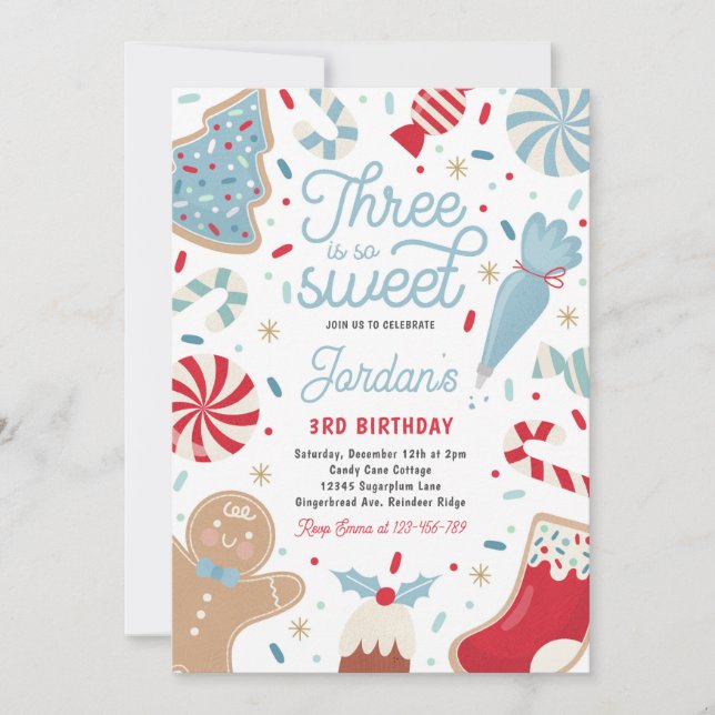 Three Is So Sweet Christmas Cookie Birthday Party  Invitation (Front)