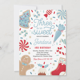 Three Is So Sweet Christmas Cookie Birthday Party  Invitation