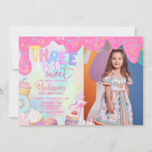 three is so sweet custom photo  invitation