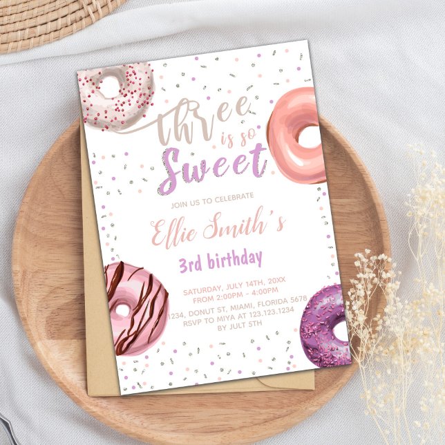 Three is so sweet Doughnut Birthday Invitation (Three Sweet Pink Donut Birthday Invitations)
