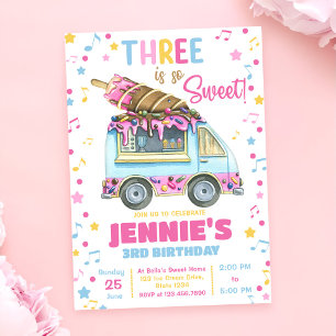Three Is So Sweet Girls Ice Cream 3rd Birthday  Invitation