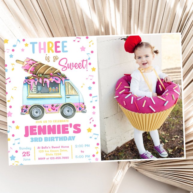 Three Is So Sweet Girls Ice Cream 3rd Birthday  Invitation (Creator Uploaded)