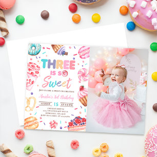 Three Is Sweet Donut Candy 3rd Birthday Photo Invitation