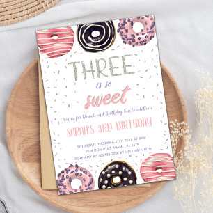 Three is Sweet Doughnut Birthday Invitations
