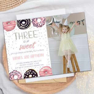 Three is Sweet Doughnut Birthday Invitations photo