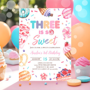 Three Is Sweet Doughnut Candy 3rd Birthday Invitat Invitation