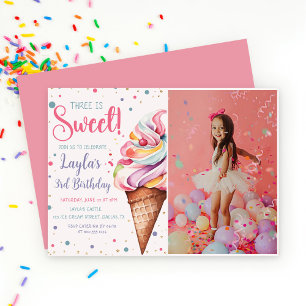 Three is Sweet Ice Cream 3rd Birthday Photo Invitation