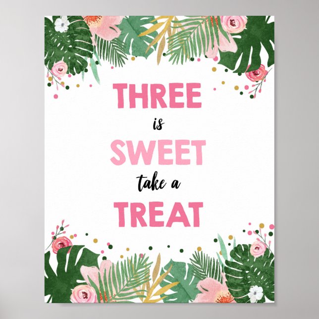 Three is Sweet Tropical Safari Girl Birthday Sign (Front)