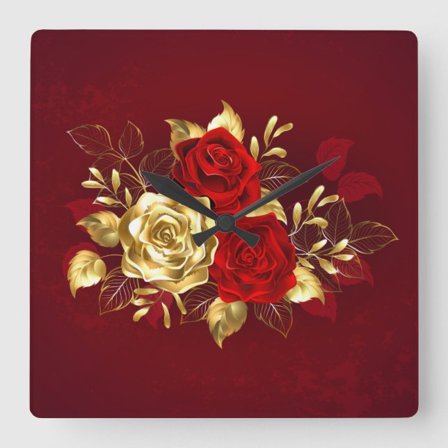 Three Jewellery Roses Square Wall Clock (Front)
