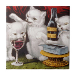 Three Jolly Kittens at the Feast Ceramic Tile