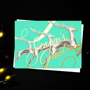 Three Jumping Deer Aqua Silver Foil Holiday Card