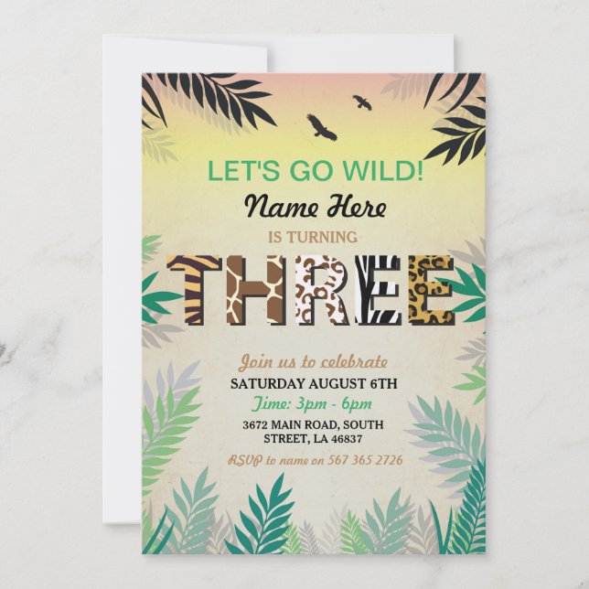 THREE Jungle 3rd Birthday Party Safari ZOO Invite (Front)