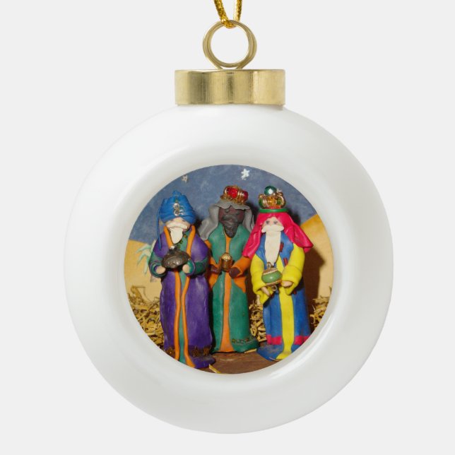 Three kings bearing gifts for baby Jesus christmas Ceramic Ball Christmas Ornament (Front)