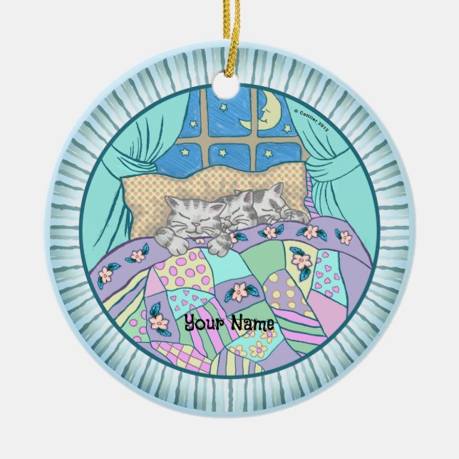 Three Kitten Cats Sleep Ceramic Ornament (Front)