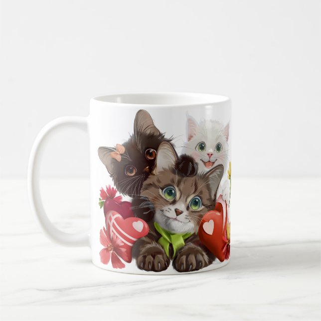 Three kittens and hearts coffee mug (Left)