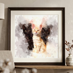 Three kittens cute and beautiful watercolor photo print