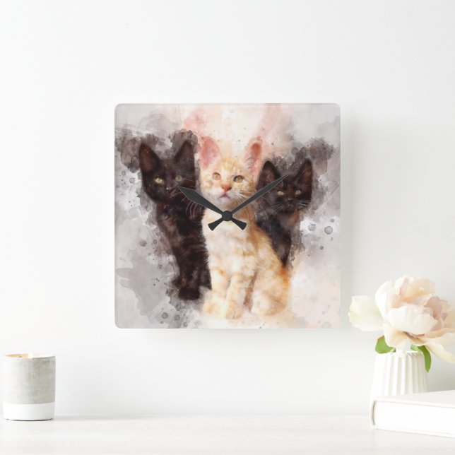 Three kittens cute and beautiful watercolor square wall clock (Home)