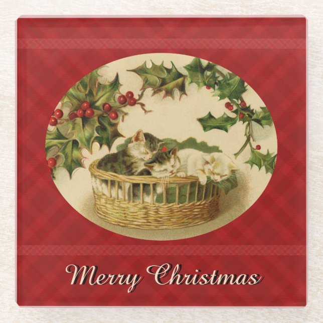 Three Kittens in a Basket Glass Coaster (Front)