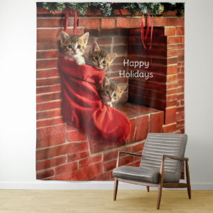 Three kittens in a Christmas Stocking Backdrop Tapestry
