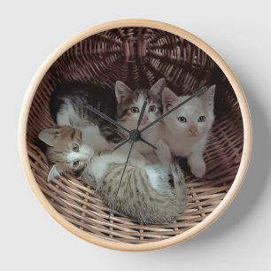 Three Kittens in a Wicker Basket Clock