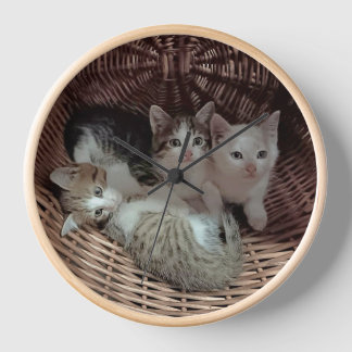 Three Kittens in a Wicker Basket Clock