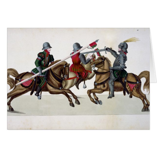 Three knights at a tournament, plate from 'A Histo (Front Horizontal)