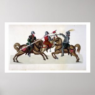 Three knights at a tournament, plate from 'A Histo Poster