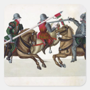 Three knights at a tournament, plate from 'A Histo Square Sticker