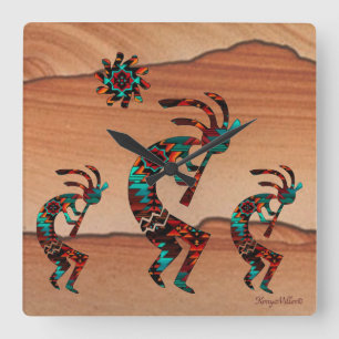 Three Kokopelli Playing Flute Square Wall Clock
