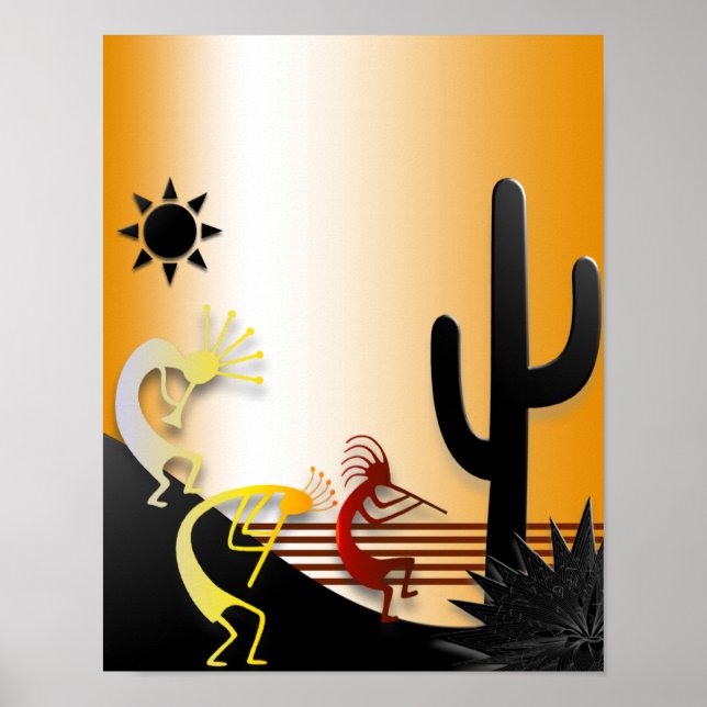 Three Kokopellis and a Cactus Poster (Front)