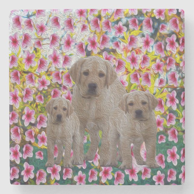 Three Labrador Puppies Oil Painted,   Stone Coaster (Front)