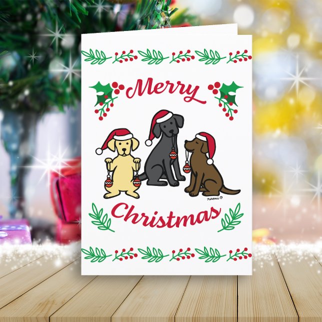 Three Labradors and Ornaments Christmas Holiday Card (Three Labradors and Ornaments Design Christmas Cards for Labrador Retriever Owners.  Cartoon Design.)