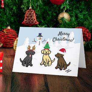 Three Labradors and Snowman Christmas Holiday Card